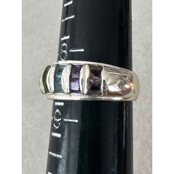 925 sterling silver white gold plated rainbow 14 genuine gemstones ring - Picture 3 of 10